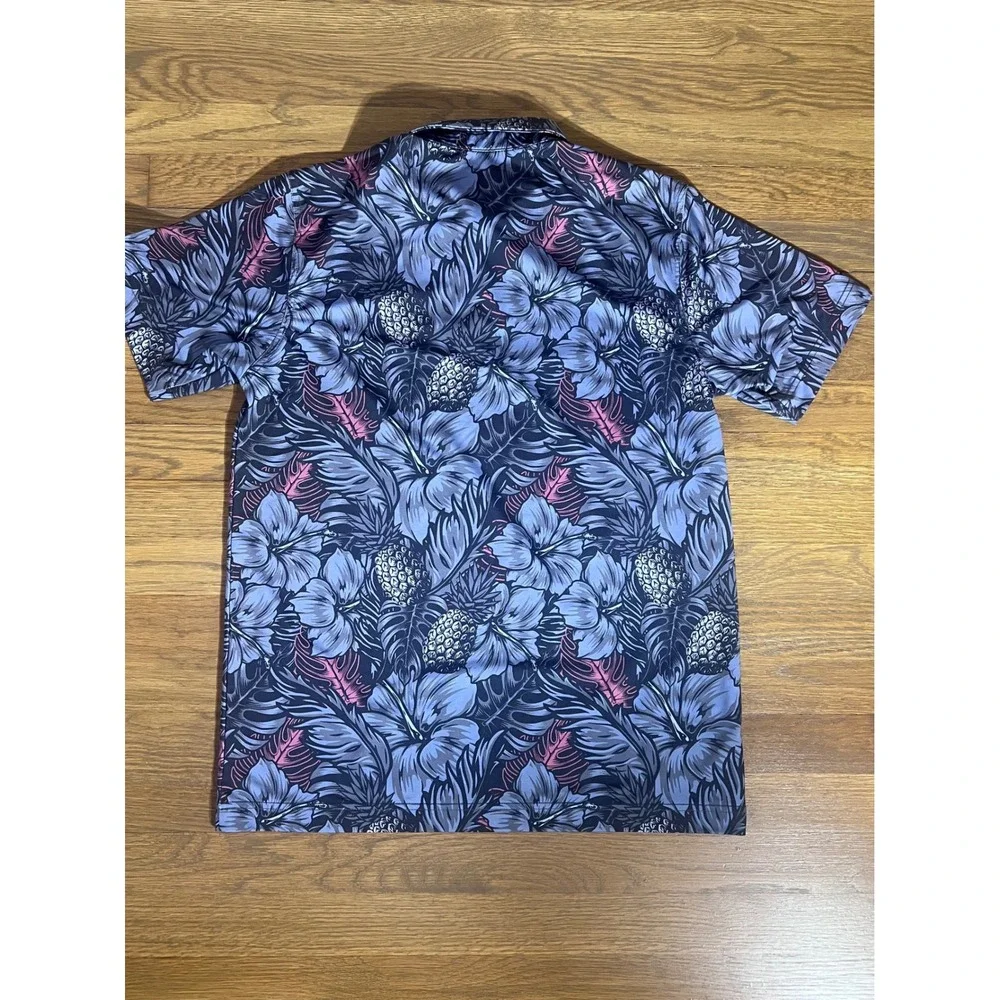 Waggle Golf Polo Shirt Mens Medium Blue Pink Tropical Floral Pineapple Hibiscus - Picture 3 of 5